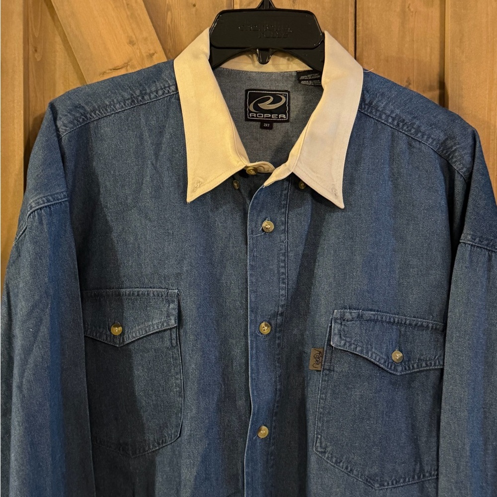 Roper Mens 2XT Denim
Western Button Down Shirt Tan
Collar Long Sleeve - Picture 3 of 7